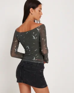 Motel Rocks Printed Tops-Neira Long Sleeve Mesh Bardot Top in Floral Khaki Silhouette FloralKhakiSilhouette