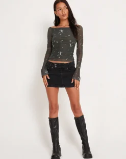 Motel Rocks Printed Tops-Neira Long Sleeve Mesh Bardot Top in Floral Khaki Silhouette FloralKhakiSilhouette