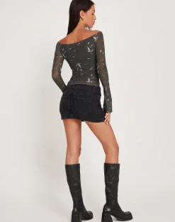Motel Rocks Printed Tops-Neira Long Sleeve Mesh Bardot Top in Floral Khaki Silhouette FloralKhakiSilhouette