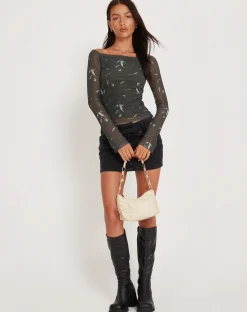 Motel Rocks Printed Tops-Neira Long Sleeve Mesh Bardot Top in Floral Khaki Silhouette FloralKhakiSilhouette