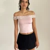 Motel Rocks Lace Tops | Going Out Tops-Nesel Bardot Top in Slinky Baby Pink SlinkyBabyPink