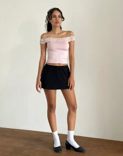 Motel Rocks Lace Tops | Going Out Tops-Nesel Bardot Top in Slinky Baby Pink SlinkyBabyPink