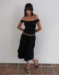 Motel Rocks Basic Tops-Nesel Bardot Top in Slinky Lace Black