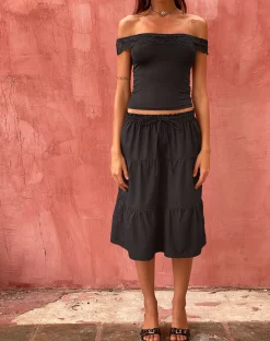 Motel Rocks Basic Tops-Nesel Bardot Top in Slinky Lace Black