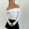 Motel Rocks Long Sleeve Tops | Lace Tops-Nesta Bardot Top in Burnout Mesh Ivory BurnoutMeshIvory