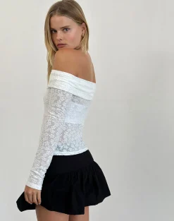Motel Rocks Long Sleeve Tops | Lace Tops-Nesta Bardot Top in Burnout Mesh Ivory BurnoutMeshIvory
