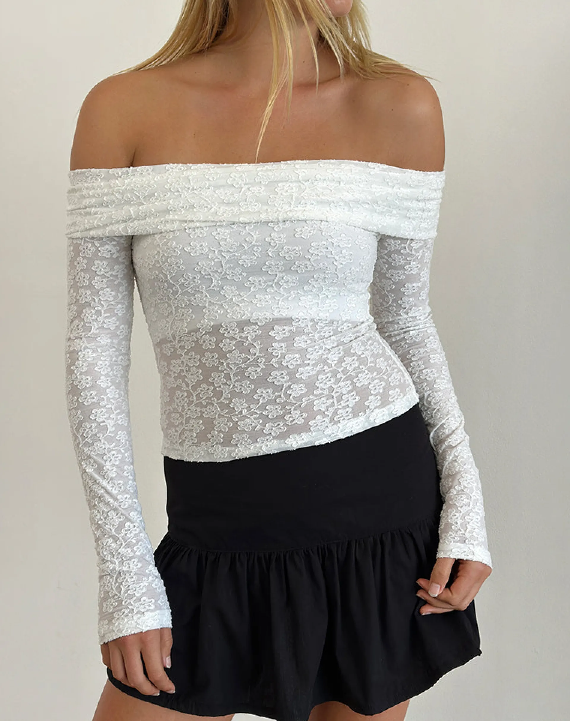 Motel Rocks Long Sleeve Tops | Lace Tops-Nesta Bardot Top in Burnout Mesh Ivory BurnoutMeshIvory