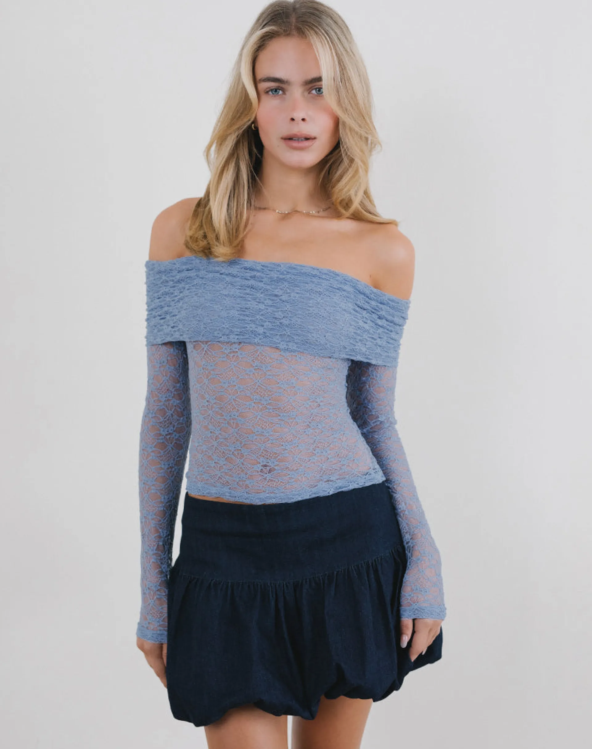 Motel Rocks Bandeau Tops | Long Sleeve Tops-Nesta Bardot Top in Unlined Lace Blue UnlinedLaceBlue