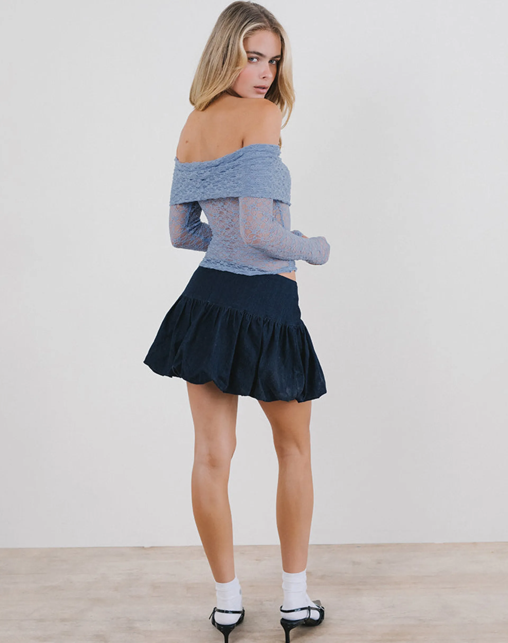 Motel Rocks Bandeau Tops | Long Sleeve Tops-Nesta Bardot Top in Unlined Lace Blue UnlinedLaceBlue