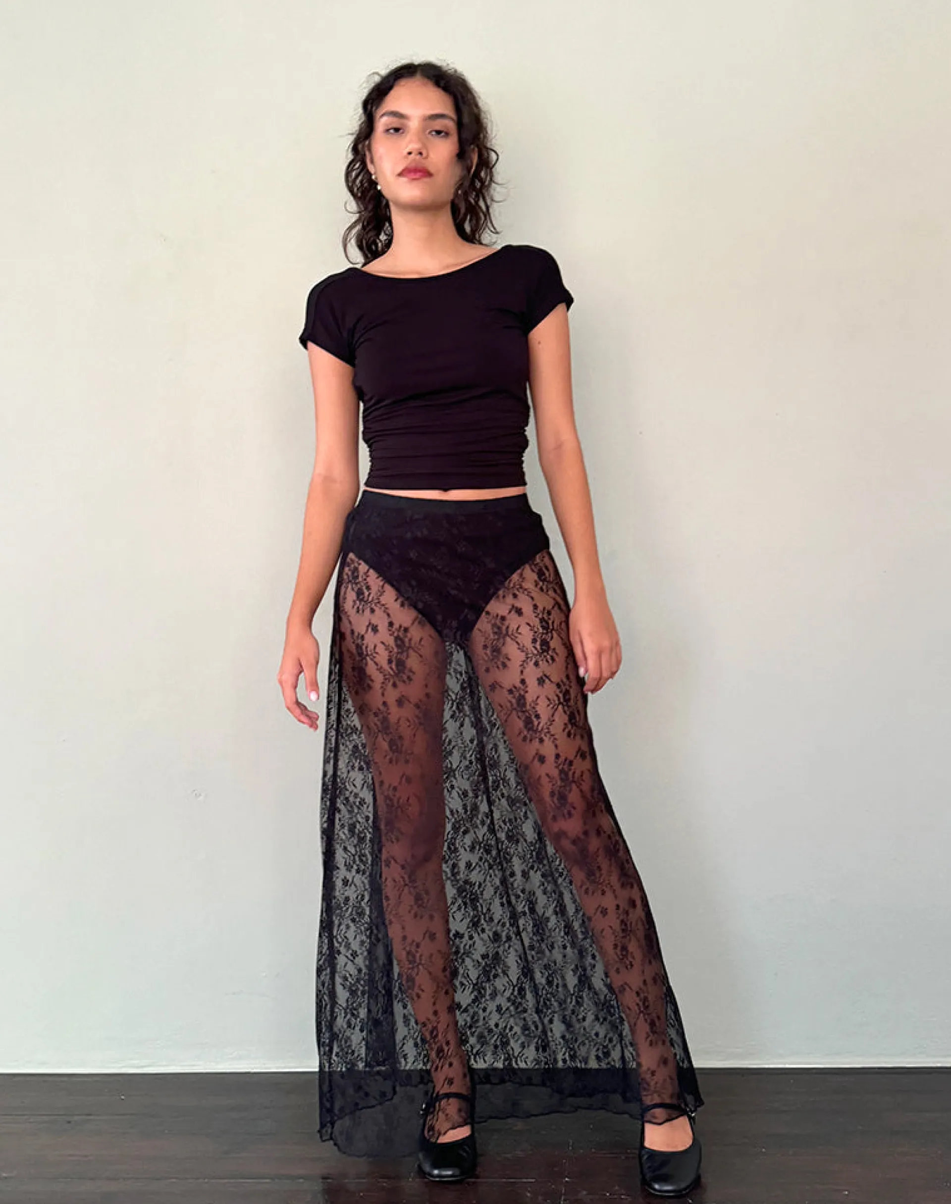 Motel Rocks A Line Skirts-Nevali Maxi Skirt in Black Wild Rose Lace