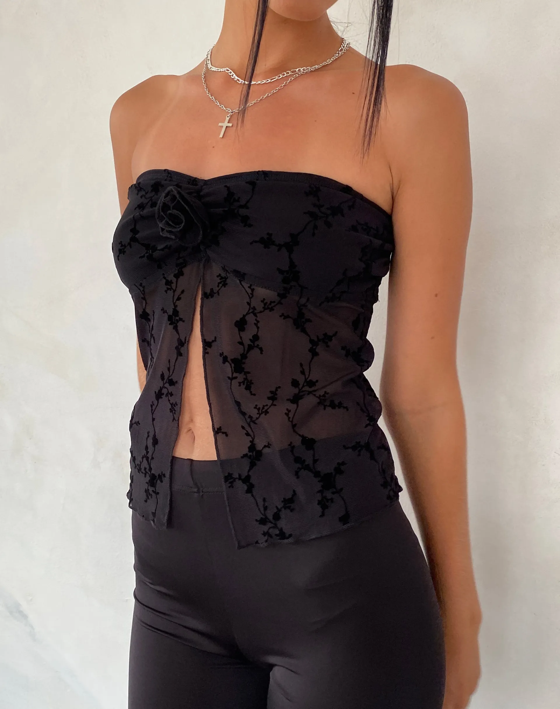 Motel Rocks Bandeau Tops | Going Out Tops-Nicola Butterfly Top in Vine Flower Black