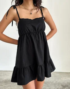 Motel Rocks Day Dresses-Nigta Tie Front Mini Dress in Poplin Black