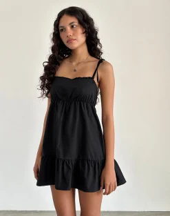 Motel Rocks Day Dresses-Nigta Tie Front Mini Dress in Poplin Black
