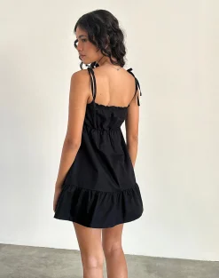Motel Rocks Day Dresses-Nigta Tie Front Mini Dress in Poplin Black