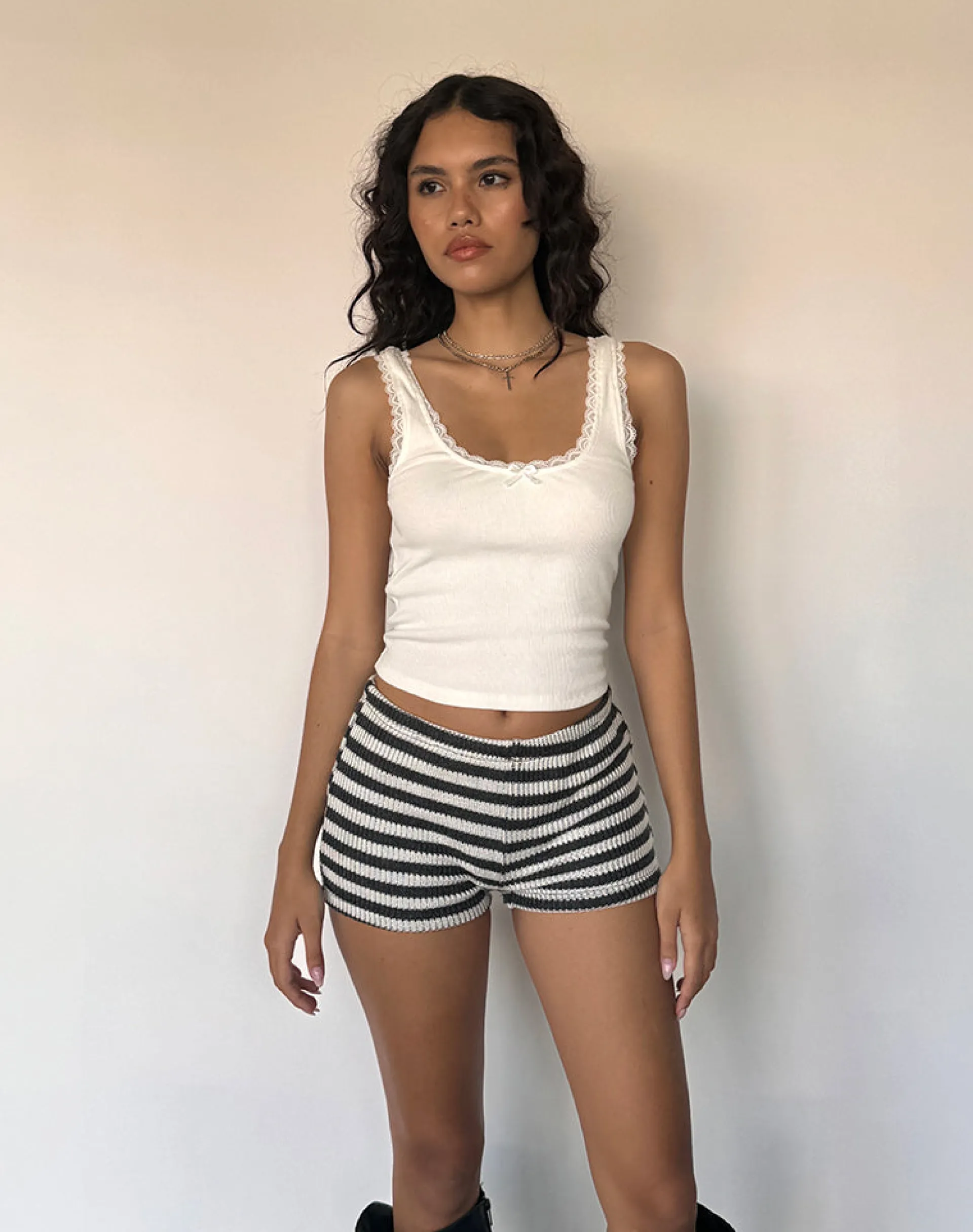 Motel Rocks Loungewear | Micro Shorts-Nikaya Shorts in Stripe Knit Black and White StripeKnitBlackandWhite