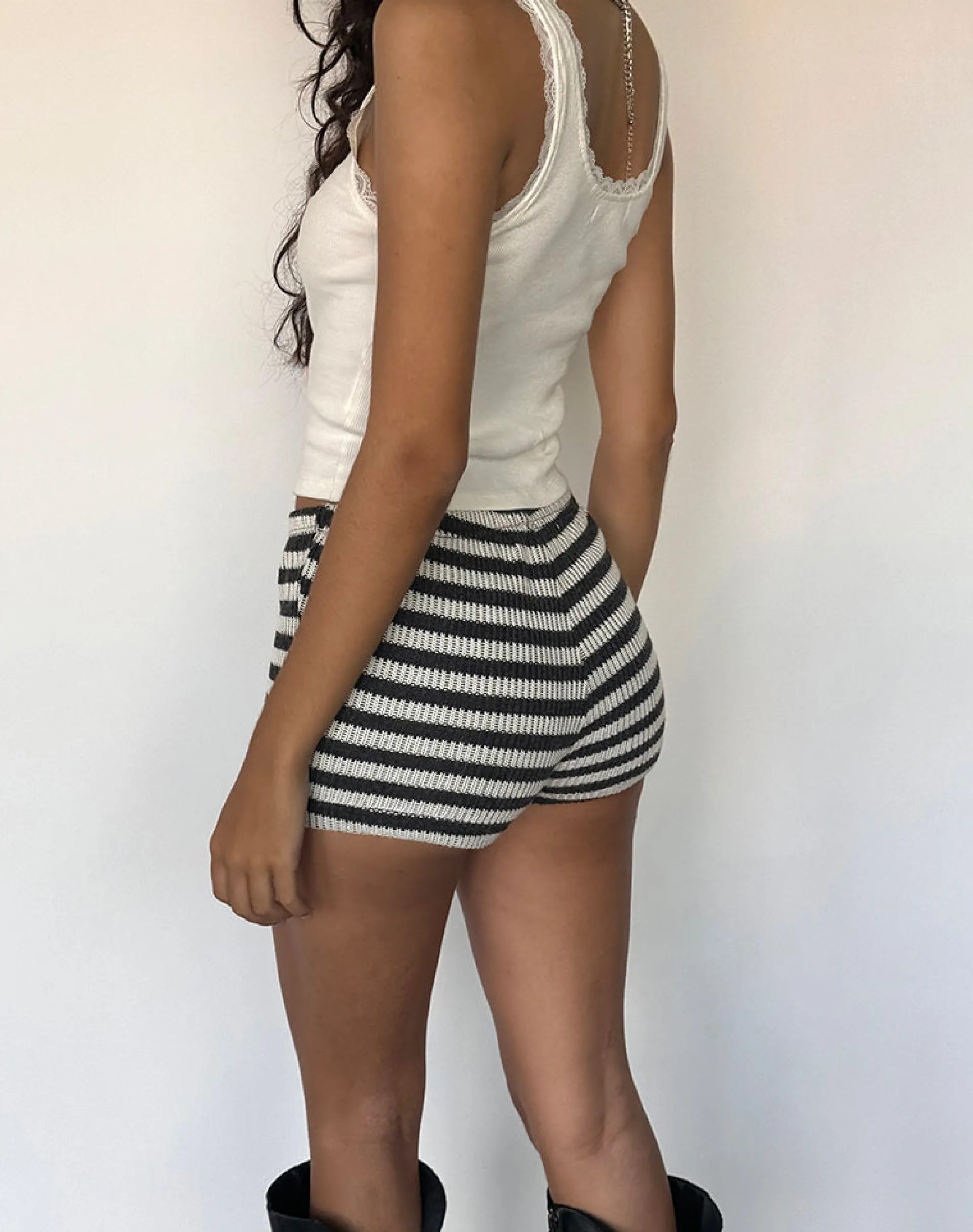 Motel Rocks Loungewear | Micro Shorts-Nikaya Shorts in Stripe Knit Black and White StripeKnitBlackandWhite