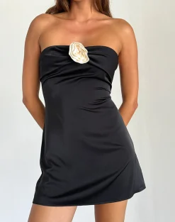 Motel Rocks Basics | Bandeau Dresses-Ninivala Dress in Black with Ivory Rosette BlackwithIvoryRosette