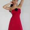 Motel Rocks Bandeau Dresses | Bodycon Dresses-Ninivala Dress in Red with Black Rosette RedwithBlackRosette
