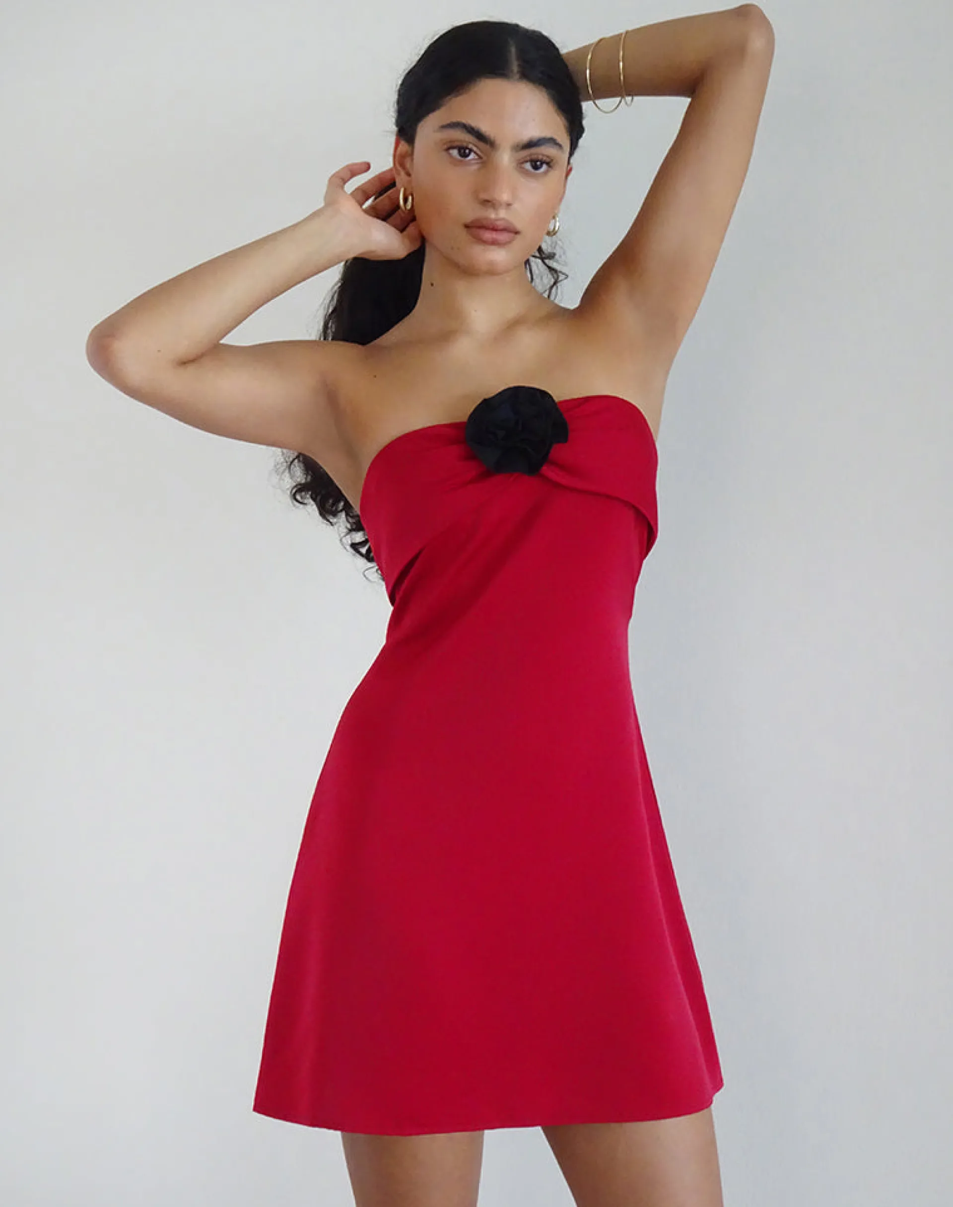Motel Rocks Bandeau Dresses | Bodycon Dresses-Ninivala Dress in Red with Black Rosette RedwithBlackRosette