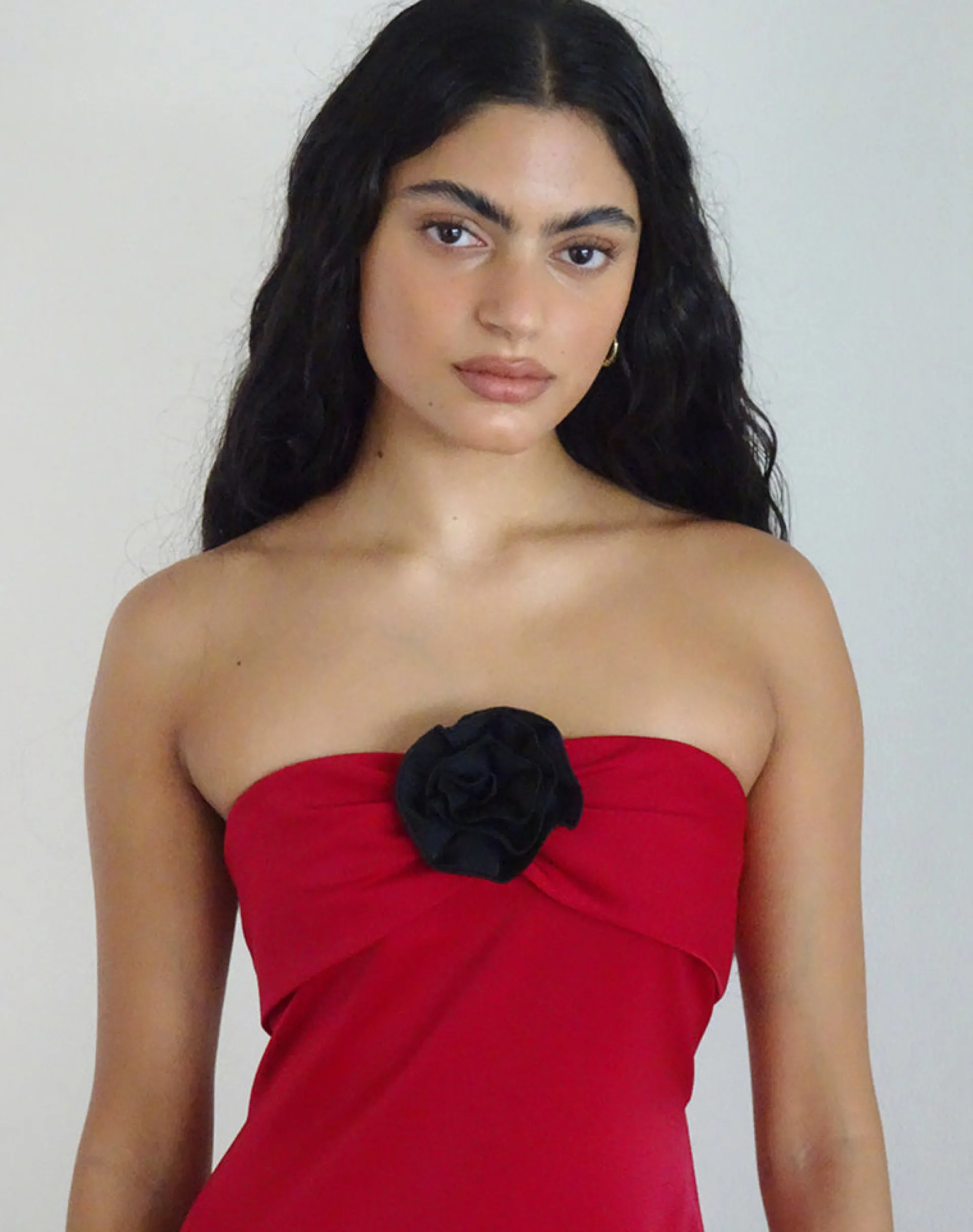 Motel Rocks Bandeau Dresses | Bodycon Dresses-Ninivala Dress in Red with Black Rosette RedwithBlackRosette