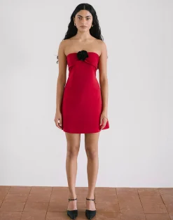 Motel Rocks Bandeau Dresses | Bodycon Dresses-Ninivala Dress in Red with Black Rosette RedwithBlackRosette