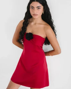 Motel Rocks Bandeau Dresses | Bodycon Dresses-Ninivala Dress in Red with Black Rosette RedwithBlackRosette