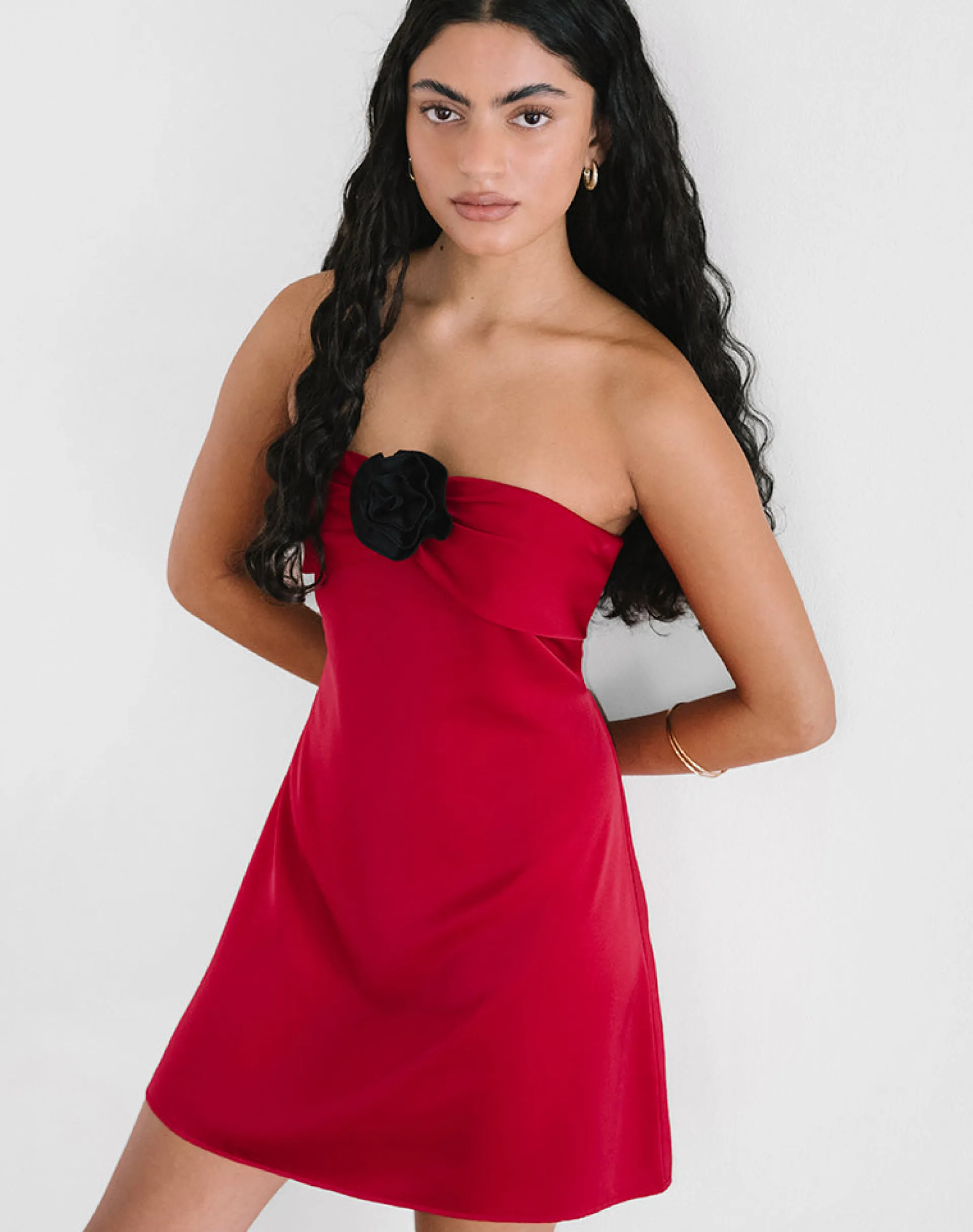 Motel Rocks Bandeau Dresses | Bodycon Dresses-Ninivala Dress in Red with Black Rosette RedwithBlackRosette