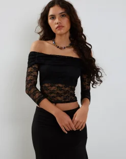 Motel Rocks Long Sleeve Tops | Lace Tops-Nixie Long Sleeve Bardot Top in Lace Black