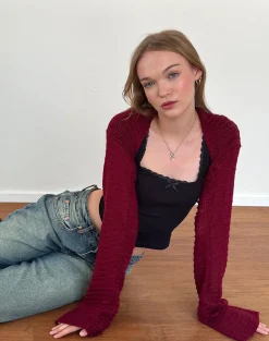 Motel Rocks Basics | Long Sleeve Tops-Nobila Knitted Shrug Top in Burgundy