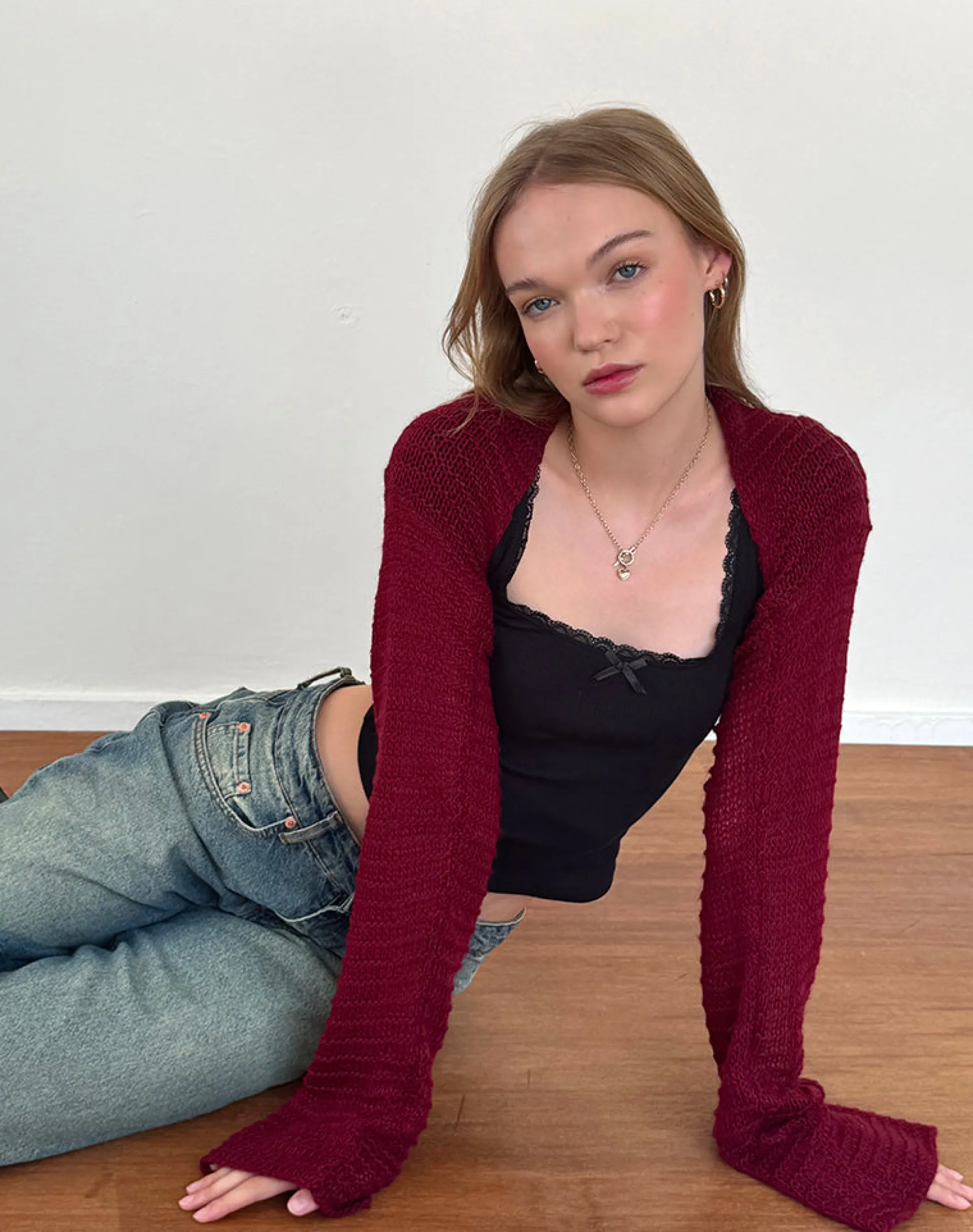 Motel Rocks Basics | Long Sleeve Tops-Nobila Knitted Shrug Top in Burgundy