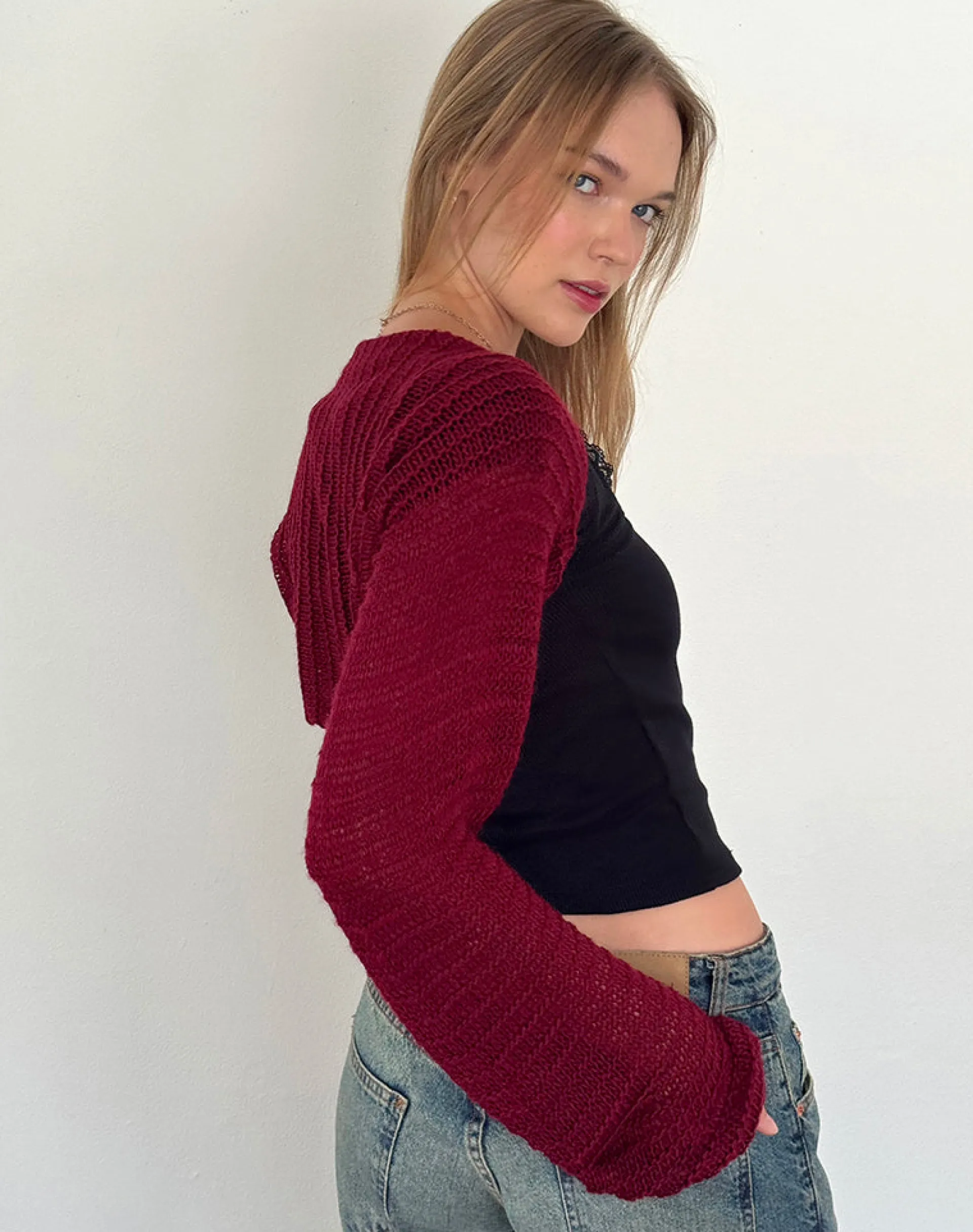 Motel Rocks Basics | Long Sleeve Tops-Nobila Knitted Shrug Top in Burgundy
