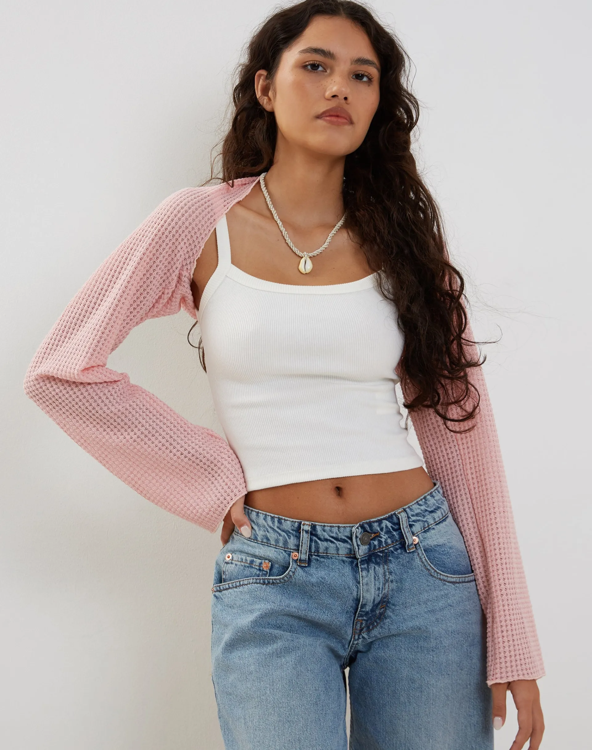 Motel Rocks Long Sleeve Tops-Nobila Shrug Top in Baby Pink