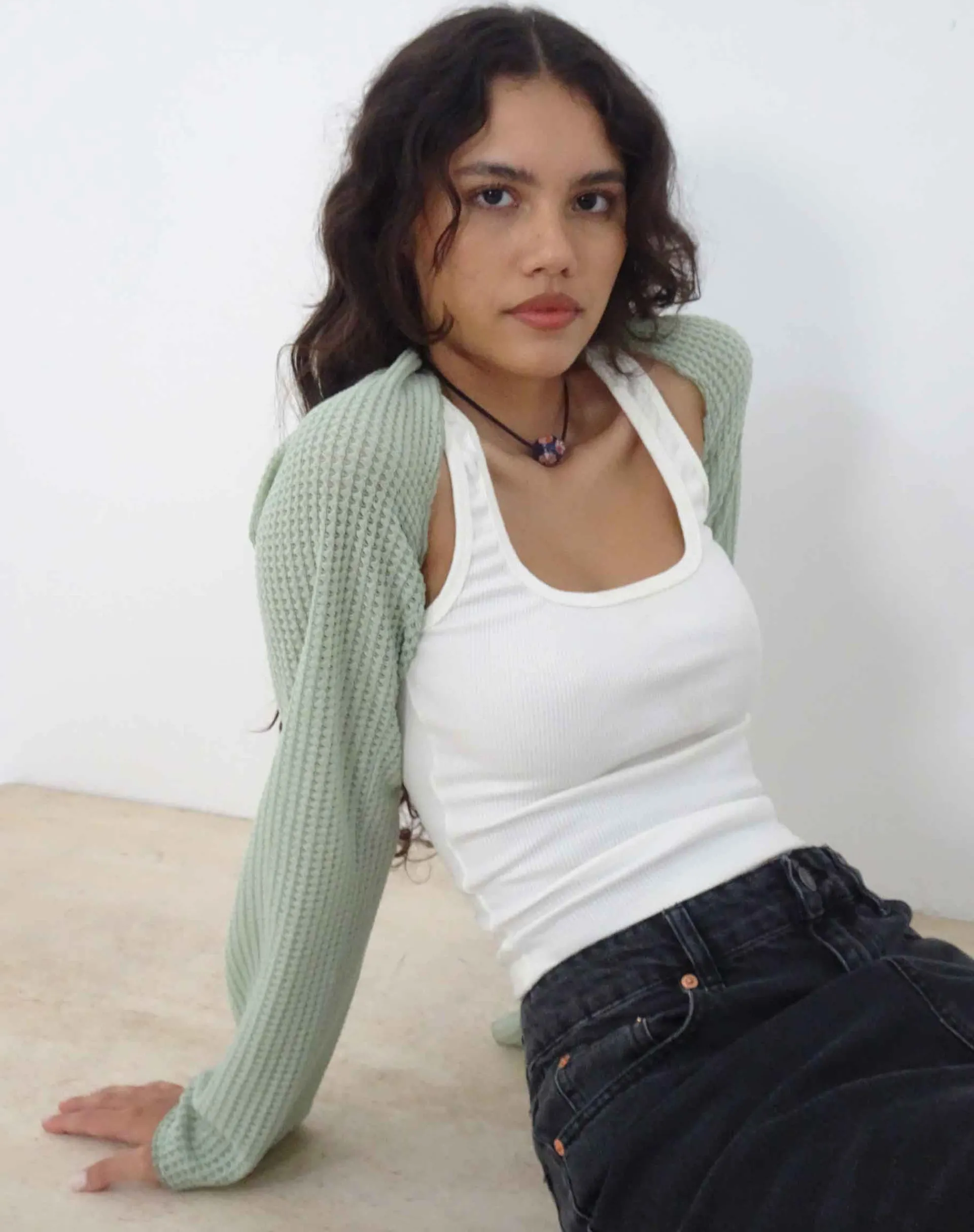 Motel Rocks Basics | Basic Tops-Nobila Shrug Top in Sage Textured Crochet SageTexturedCrochet