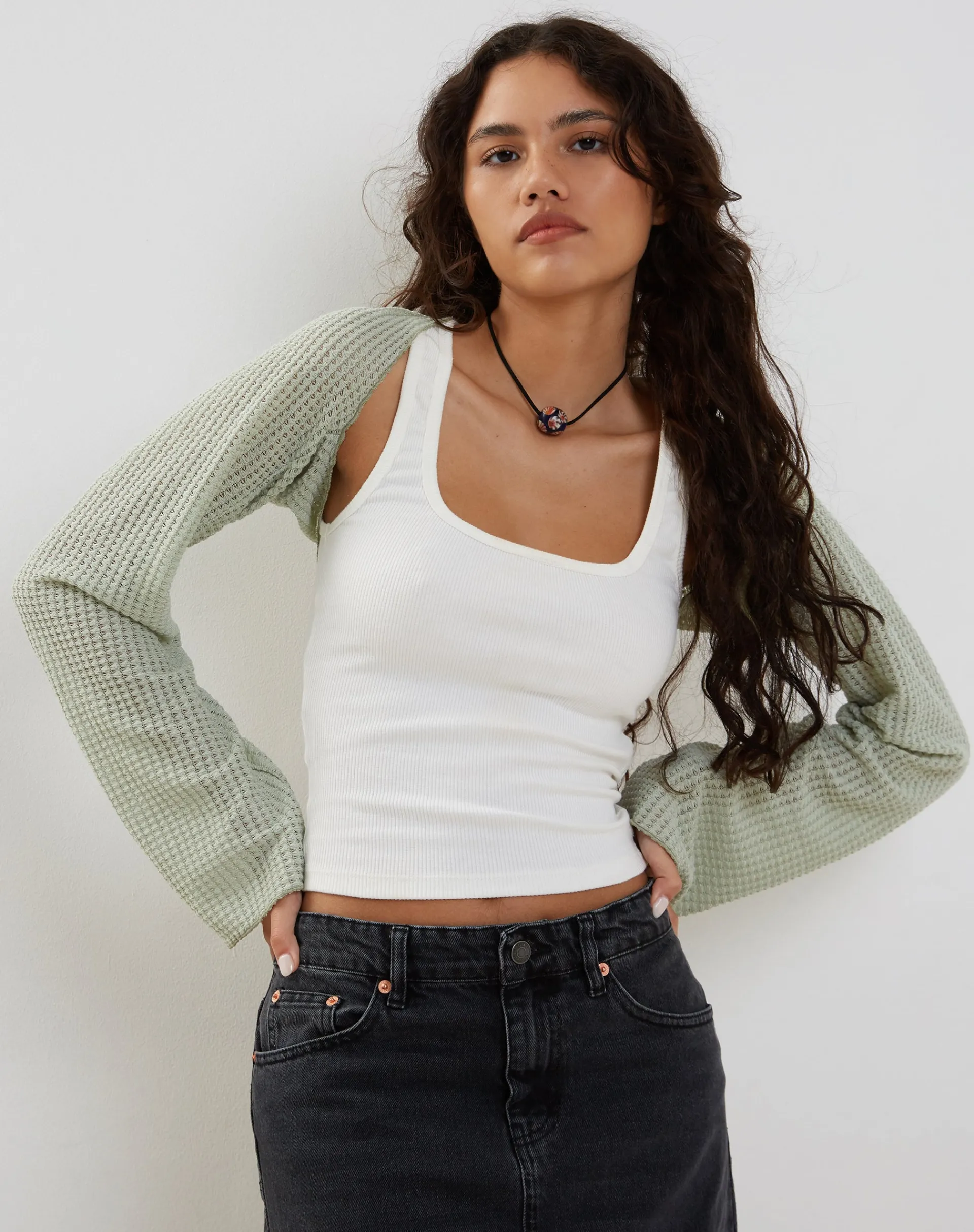 Motel Rocks Basics | Basic Tops-Nobila Shrug Top in Sage Textured Crochet SageTexturedCrochet
