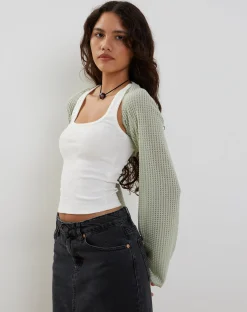 Motel Rocks Basics | Basic Tops-Nobila Shrug Top in Sage Textured Crochet SageTexturedCrochet
