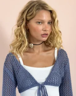 Motel Rocks Long Sleeve Tops-Nocta Long Sleeve Crop Top in Weave Blue Knit