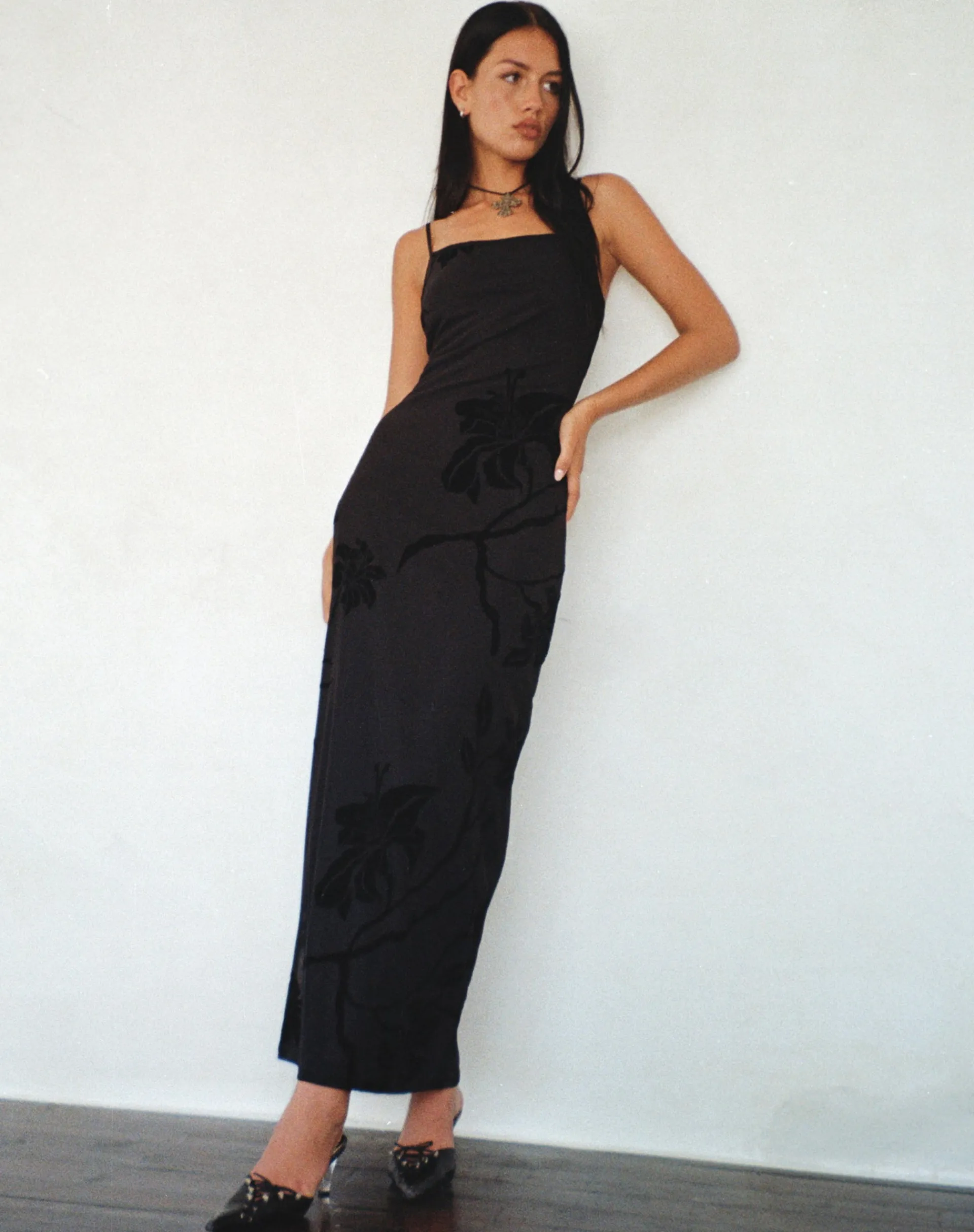 Motel Rocks Printed Dresses-Nodu Maxi Dress in Orchids Flock Black orchidsflockblack