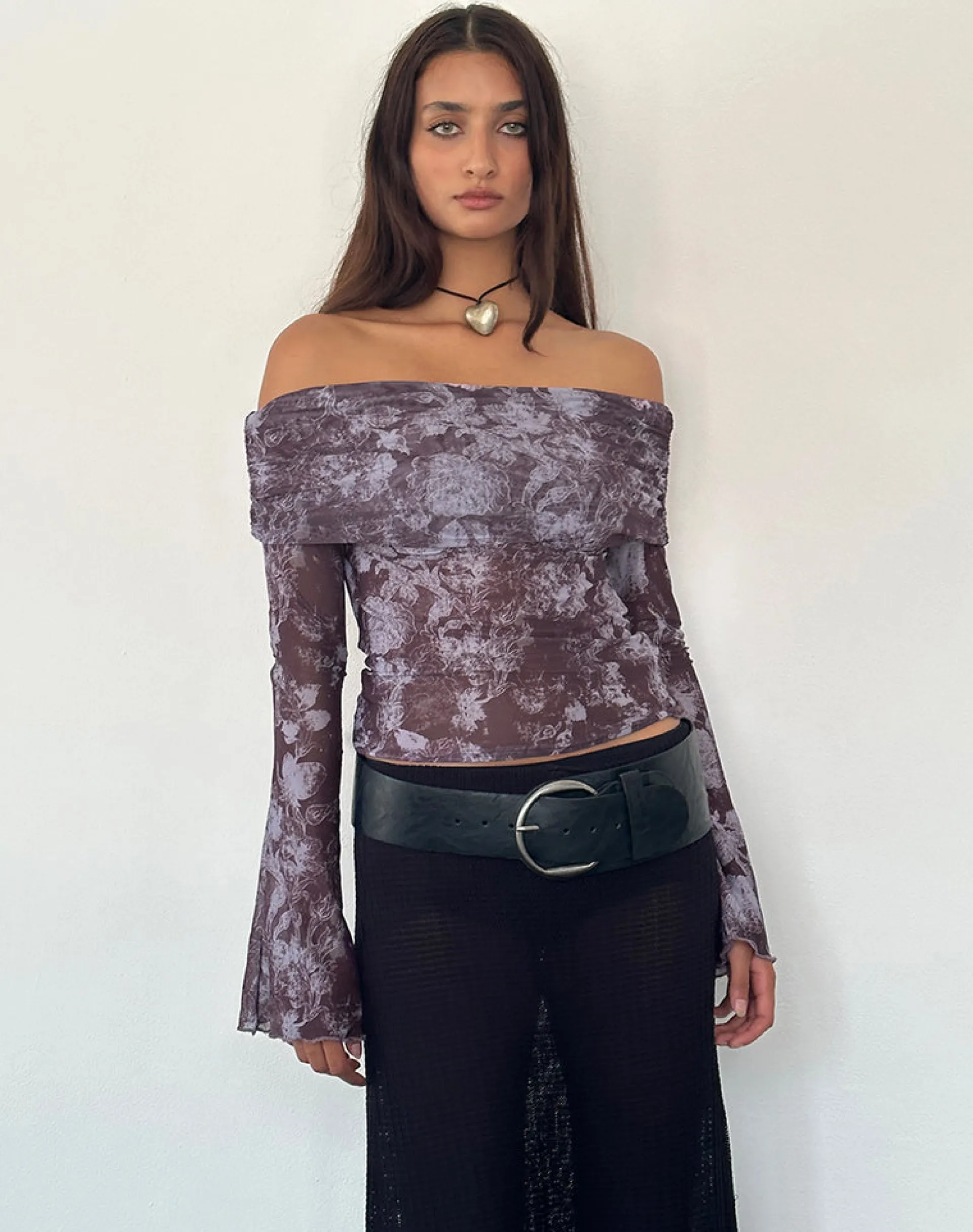 Motel Rocks Printed Tops | Long Sleeve Tops-Noelle Bardot Top in Botanic Sketch Purple