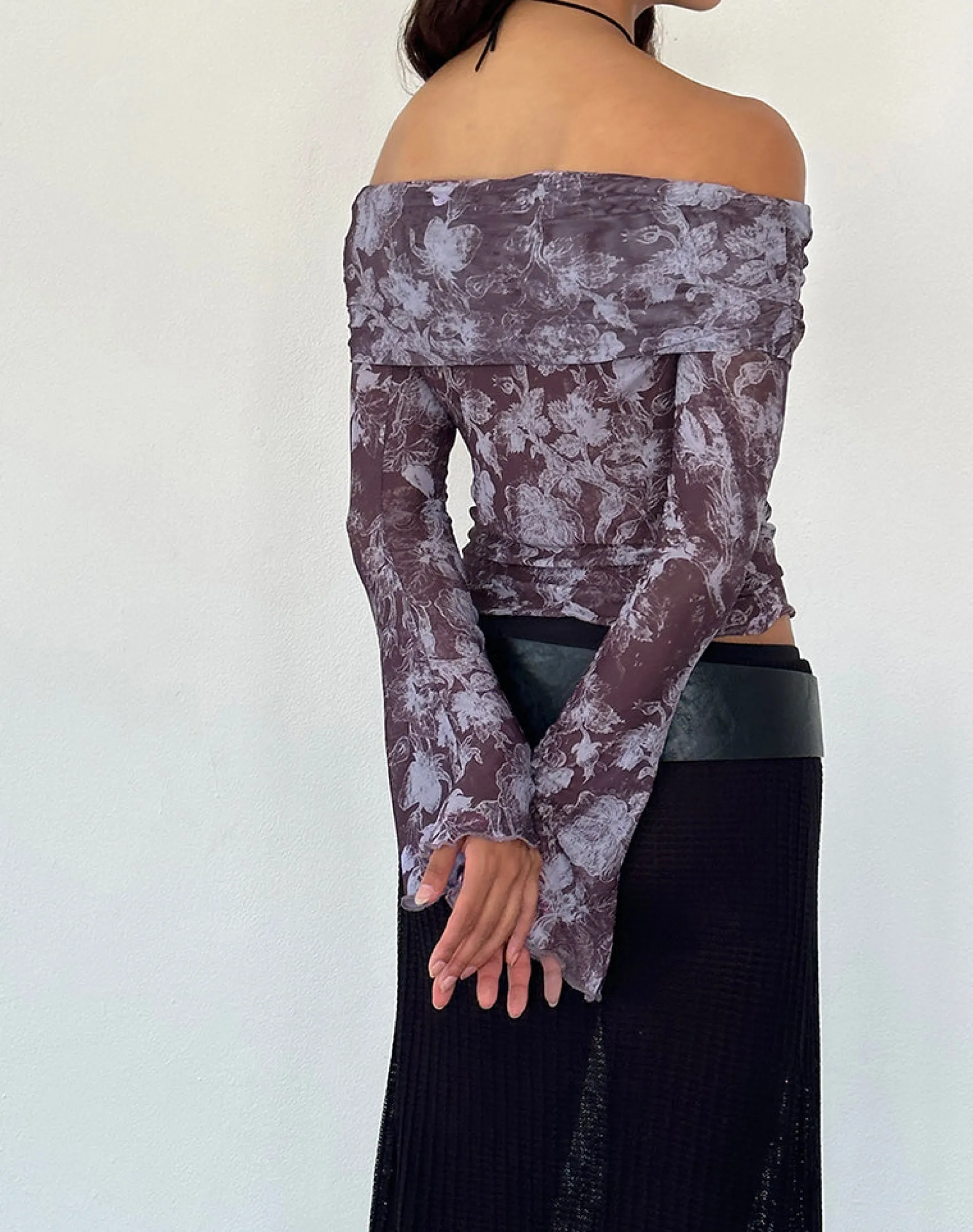 Motel Rocks Printed Tops | Long Sleeve Tops-Noelle Bardot Top in Botanic Sketch Purple