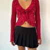 Motel Rocks Cardigans | Printed Tops-Noemi Cardigan in Red Grunge Floral Flock RedGrungeFloralFlock