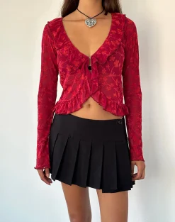 Motel Rocks Cardigans | Printed Tops-Noemi Cardigan in Red Grunge Floral Flock RedGrungeFloralFlock