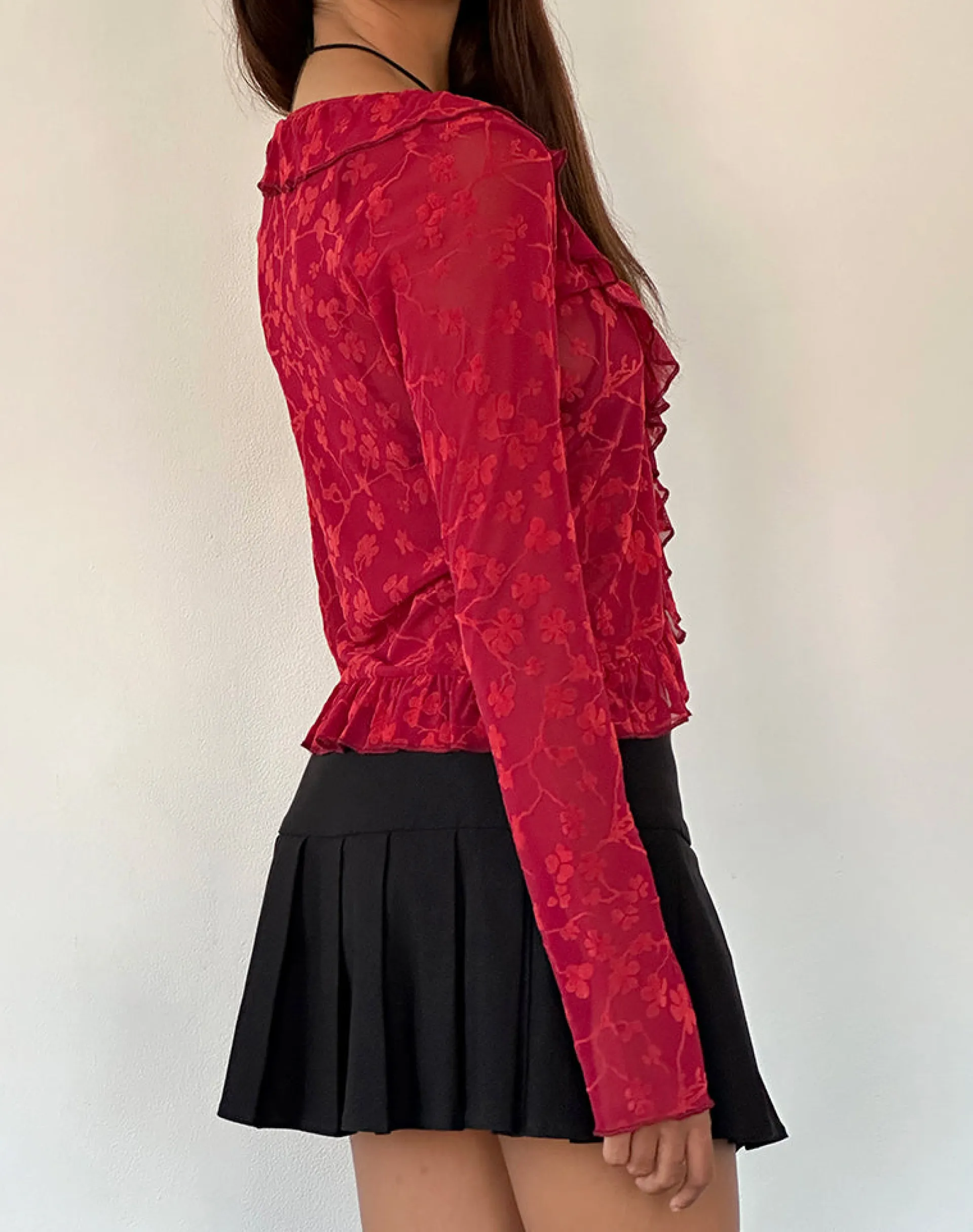 Motel Rocks Cardigans | Printed Tops-Noemi Cardigan in Red Grunge Floral Flock RedGrungeFloralFlock