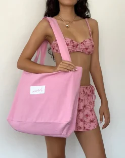 Motel Rocks Accessories-Nola Tote Bag in Flamingo Pink with Motel Love Embroidery FlamingoPinkwithMotelLoveEmbroidery