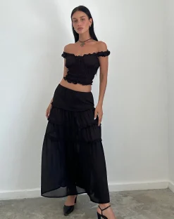 Motel Rocks Maxi Skirts-Norah Tiered Maxi Skirt in Black Chiffon