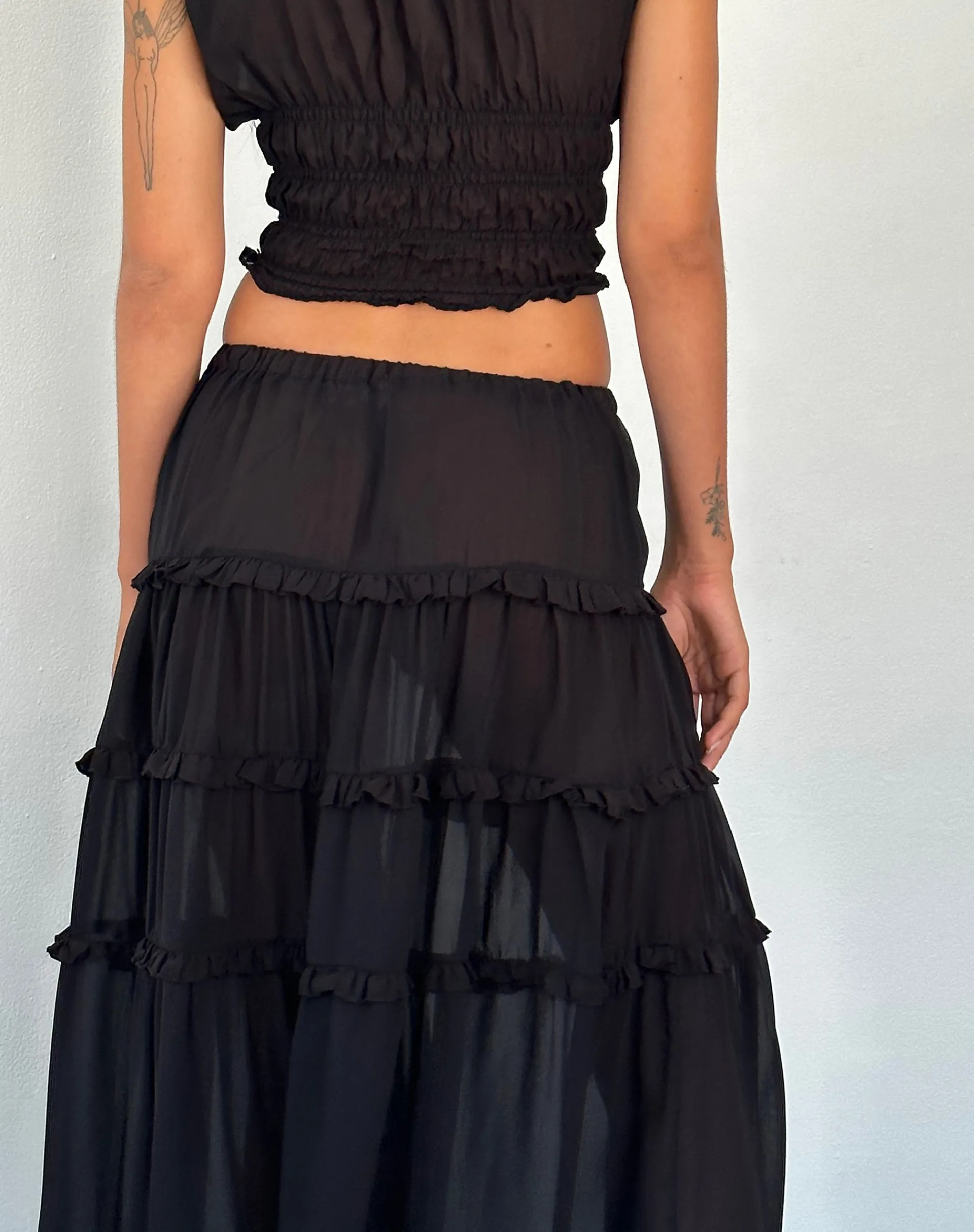 Motel Rocks Maxi Skirts-Norah Tiered Maxi Skirt in Black Chiffon