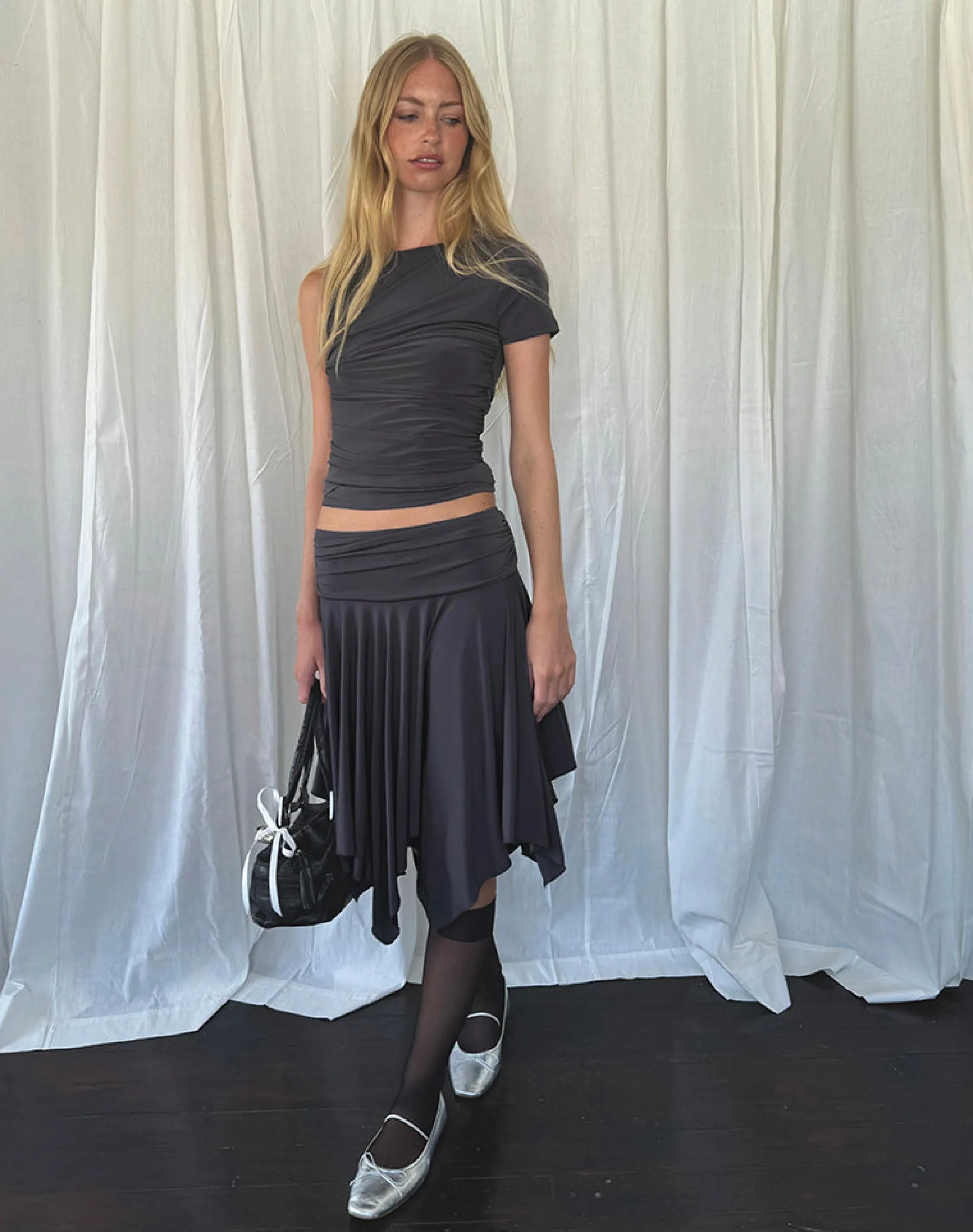 Motel Rocks Co-Ords | Midi Skirts-Norali Waterfall Midi Skirt in Grey