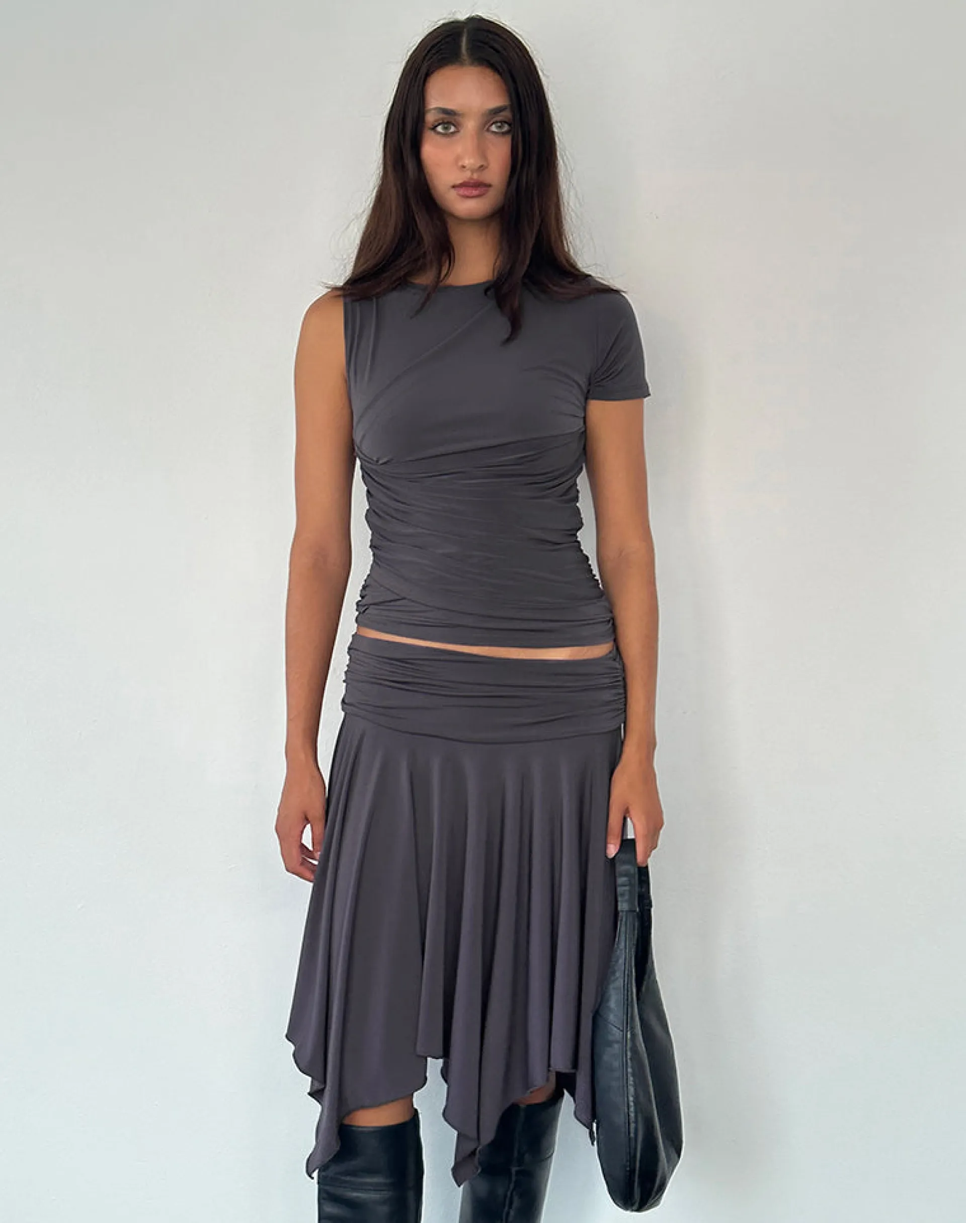 Motel Rocks Co-Ords | Midi Skirts-Norali Waterfall Midi Skirt in Grey