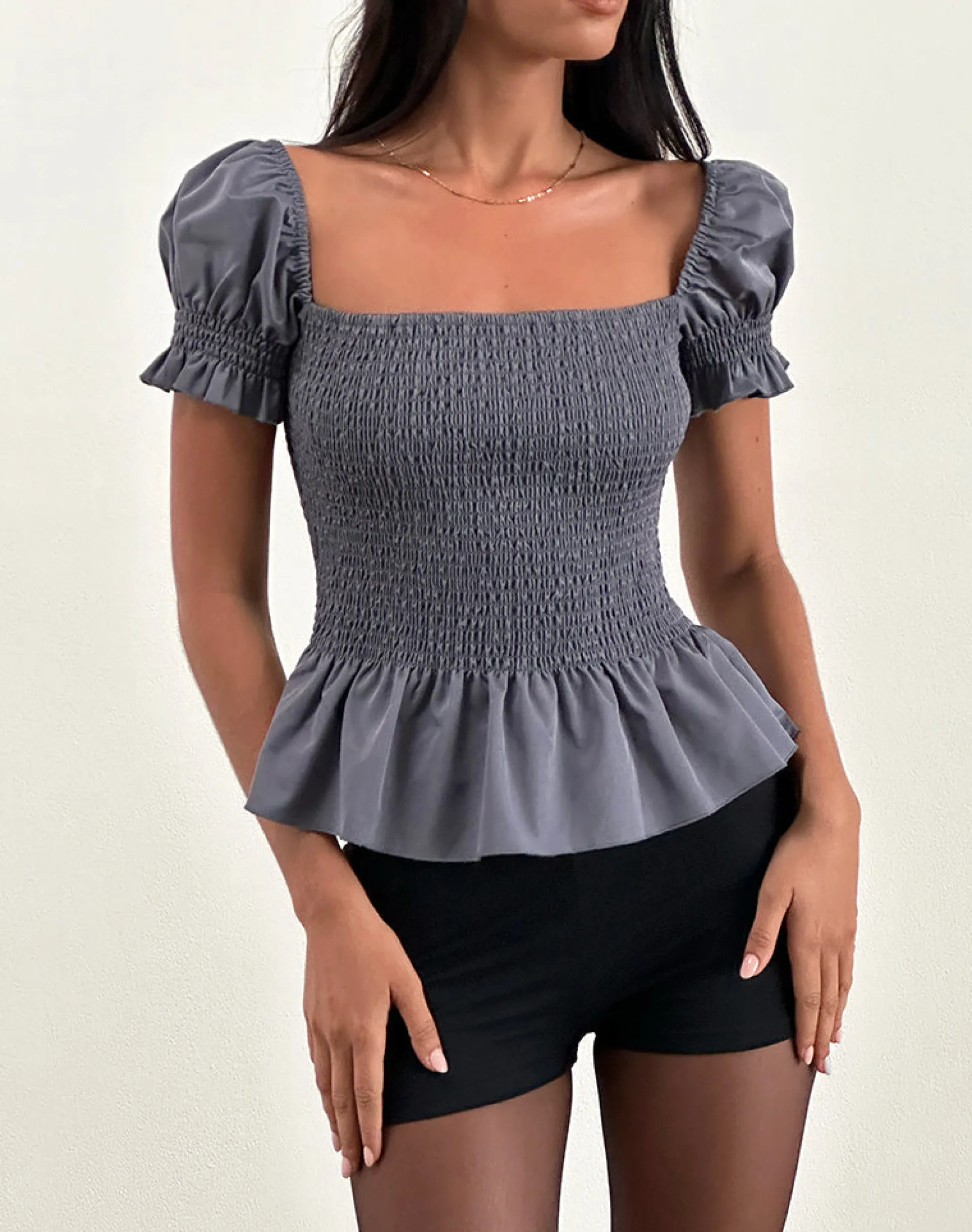 Motel Rocks Tailoring-Notina Puff Sleeve Top in Shirred Grey