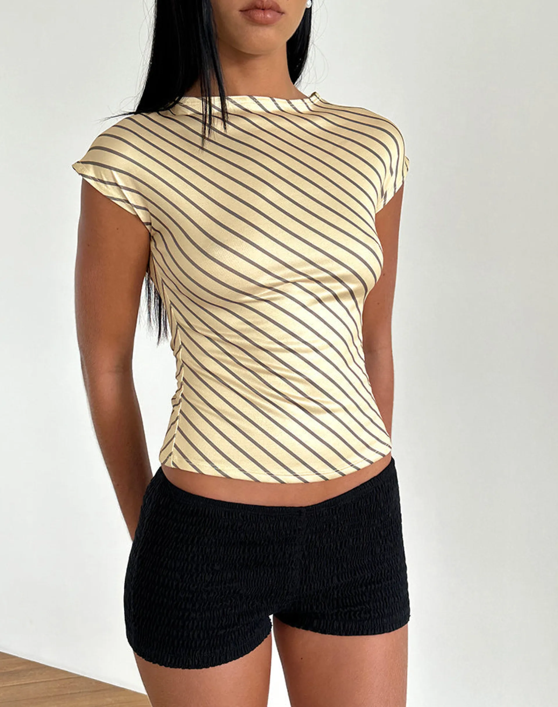 Motel Rocks Basic Tops | Printed Tops-Nova Slinky Top in Yellow Diagonal Stripe yellowdiagonalstripe