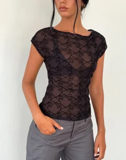 Motel Rocks Printed Tops-Nova Top in Black Queen of Heart Flock BlackQueenofHeartFlock